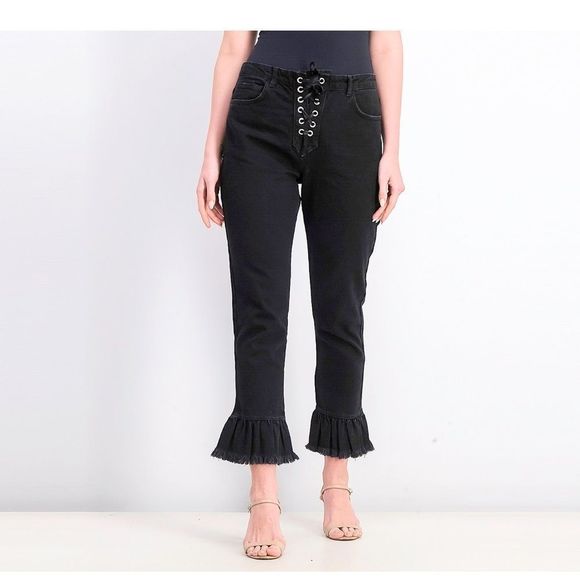 NWT Mango Women's Boot-Leg ruffle hem Lace Closure Jeans, Black 100% cotton - Picture 9 of 11